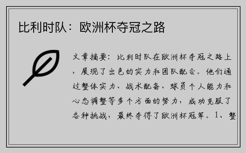 比利时队：欧洲杯夺冠之路